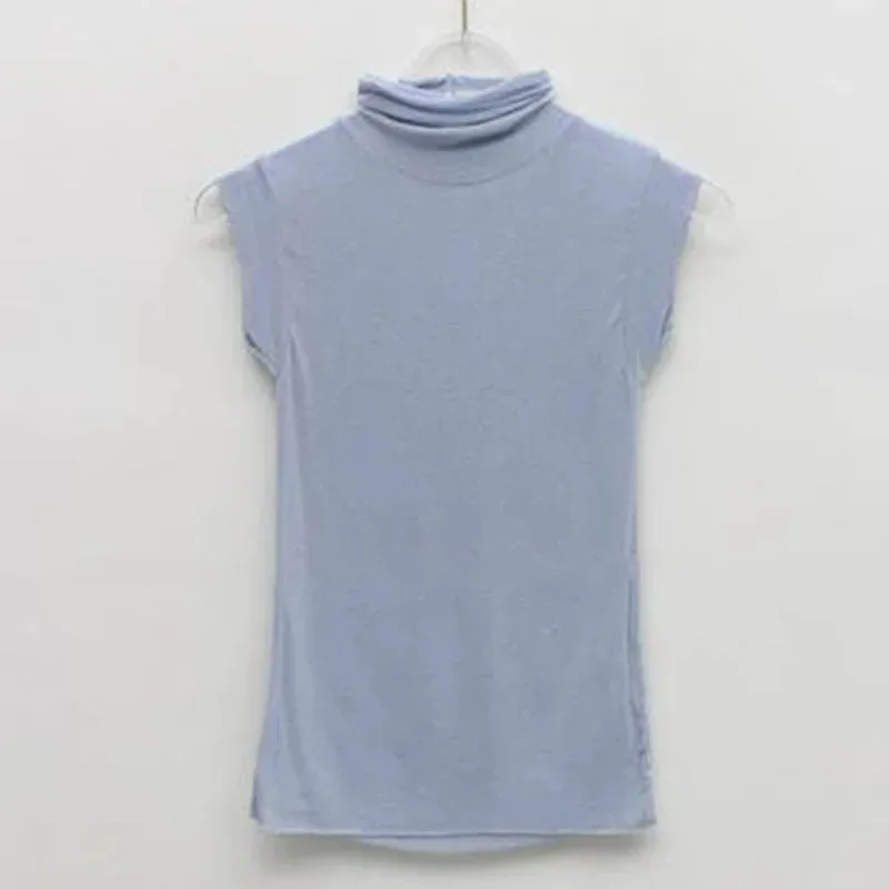 Solid Color Slightly Transparent Tees New Fashion Turtleneck T-shirts for Women Summer Sleeveless Bottoming Tops Clothes 11972
