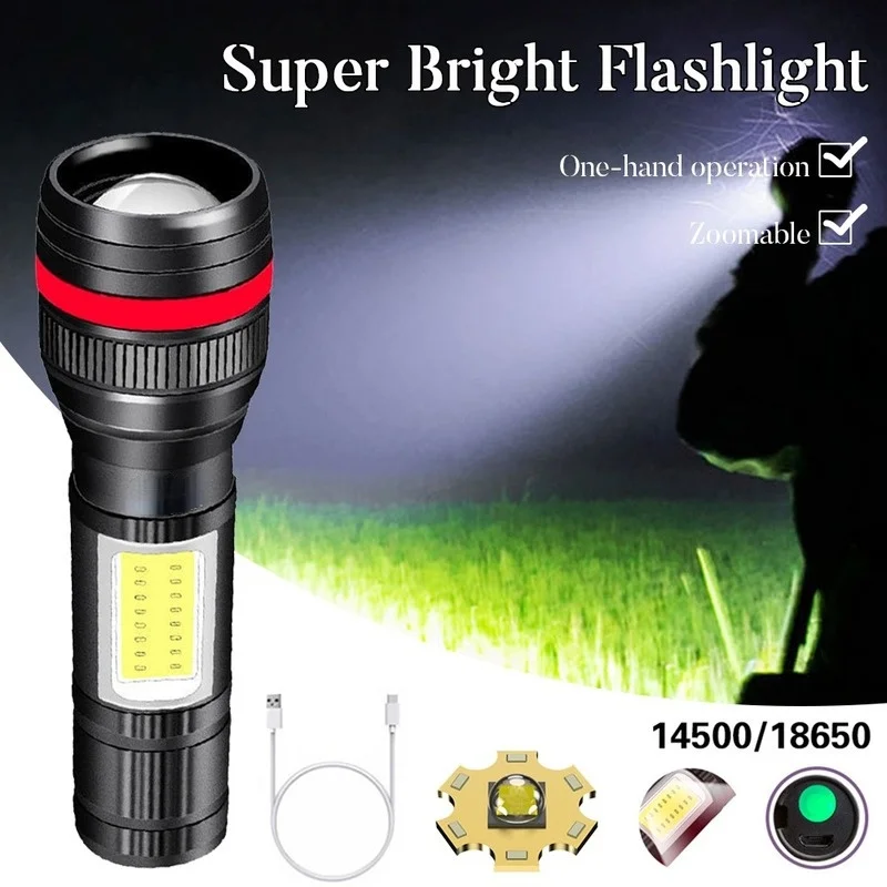 Hot T6 COB Zoomable Light Lamp Torch with LED Flashlight USB Rechargeable 