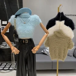 Wholesale Mohair Turtleneck Sweater Tops Base Slim Fit Pullovers Women Autumn Winter Short Sleeve Crop Short Solid Knitted Top