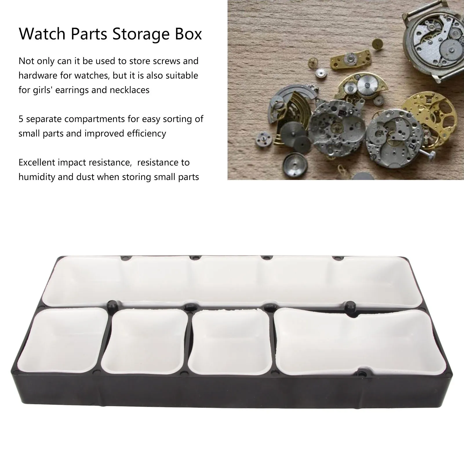 Caja de almacenamiento de piezas de reloj, 5 compartimentos, resistencia al impacto, herramientas de reparación, bandeja