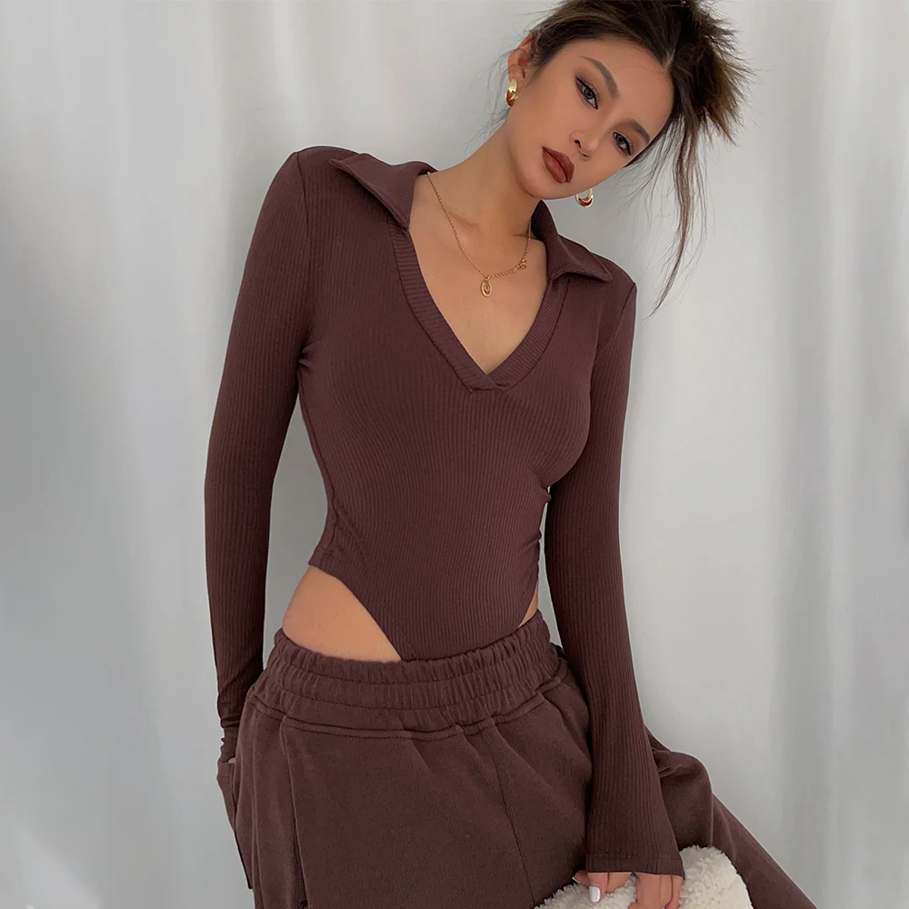 

Woman Polo V Neck Long Sleeve Bodysuit Jumpsuit Basic Solid Ribbed