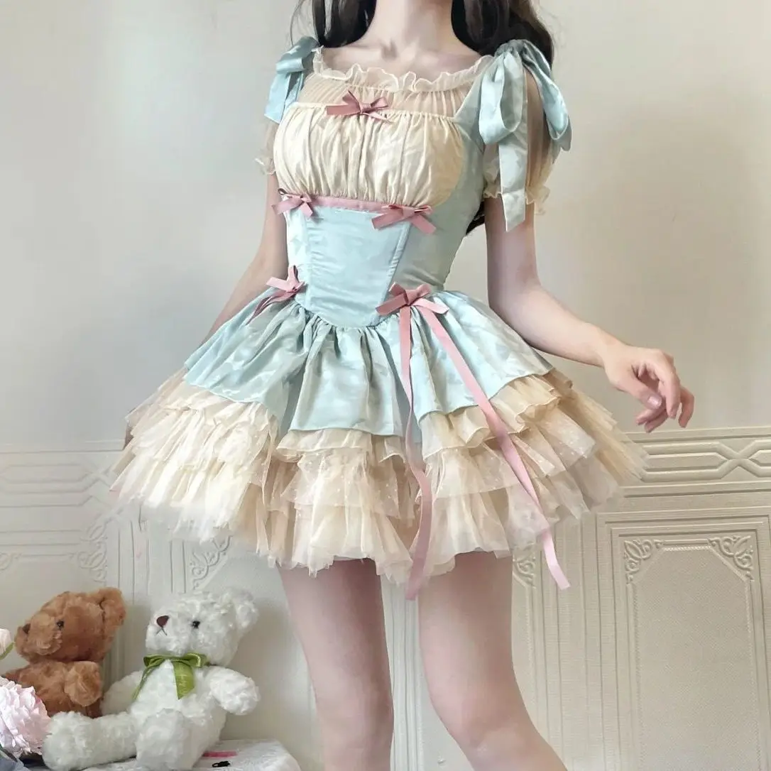 

NIGGEEY Little Ribbon Lolita Lace Sling Dress Sweet SP Ballet Style Women Cake Princess Puffy One-piece Dress Summer Pettiskirt