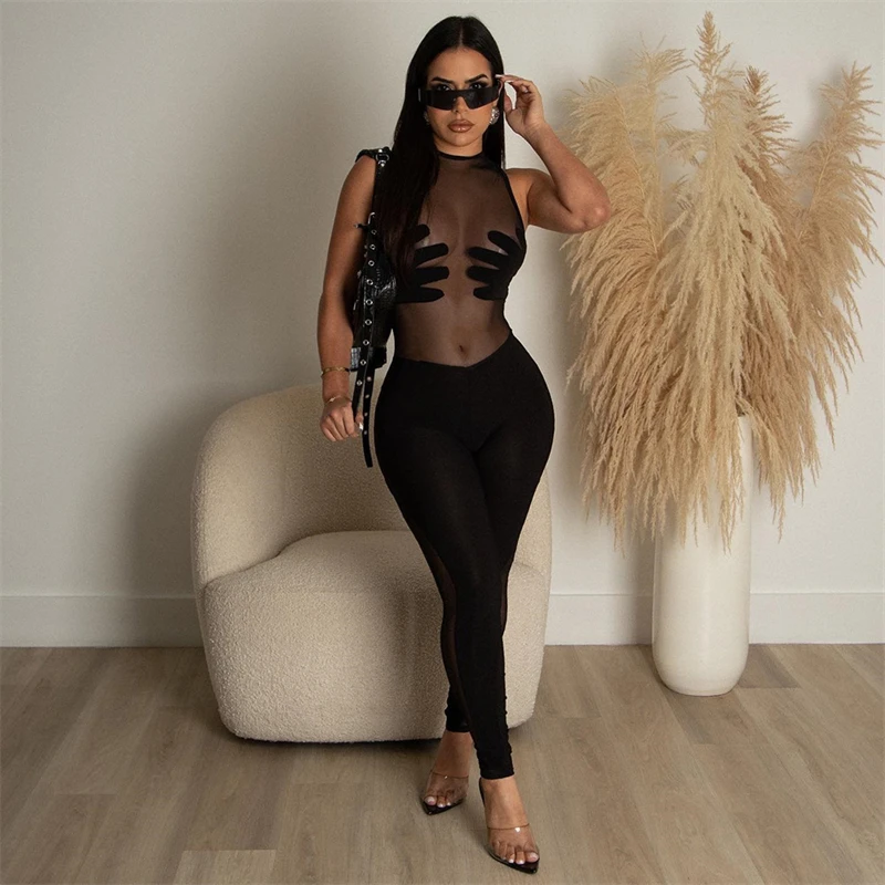 

Echoine See Through Sheer Mesh Palm Patchwork Sleeveless Jumpsuits Women Sexy Skinny Night Clubwear Overalls Female Summer