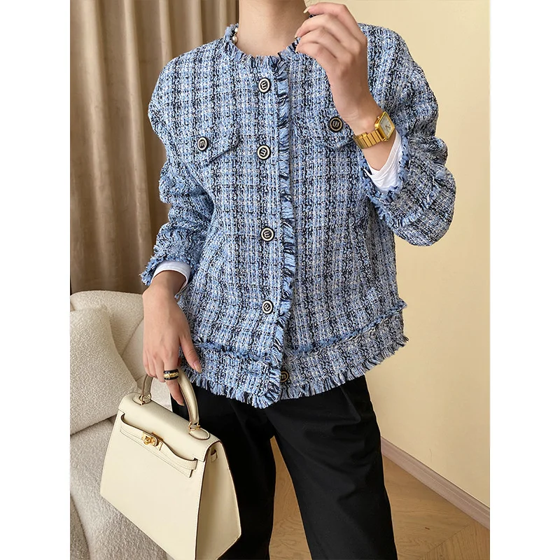 

Blue Thick Tweed Jacket Elegant Casual Fringed Coat