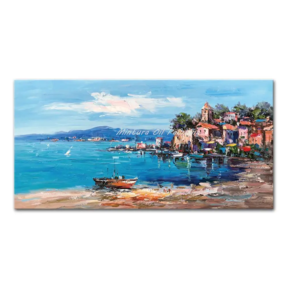 thumbnail image 1 of Mintura Obra de arte hecha a mano de gran tamaño Pintura al óleo pintada a mano sobre lienzo La hermosa ciudad costera Arte de pared moderno para decoración del hogar, 1 of 4
