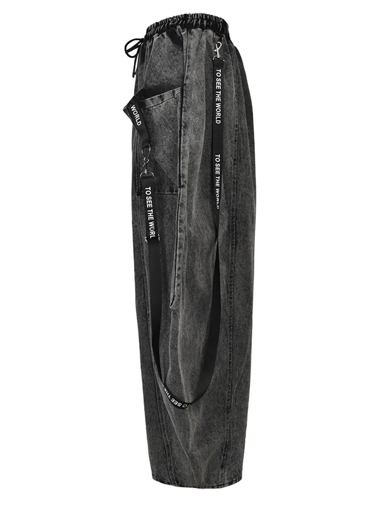 EAM] Wide Leg Black Big Size Ribbon Stitch Jeans New High