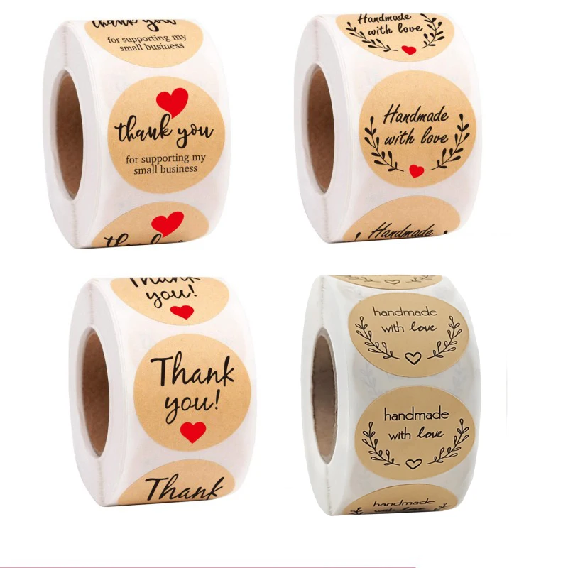 Round Natural Kraft Handmade Heart Thank You Stickers Scrapbooking Gift Baking Package Adhesive Sticker Seal Label 50-500pcs
