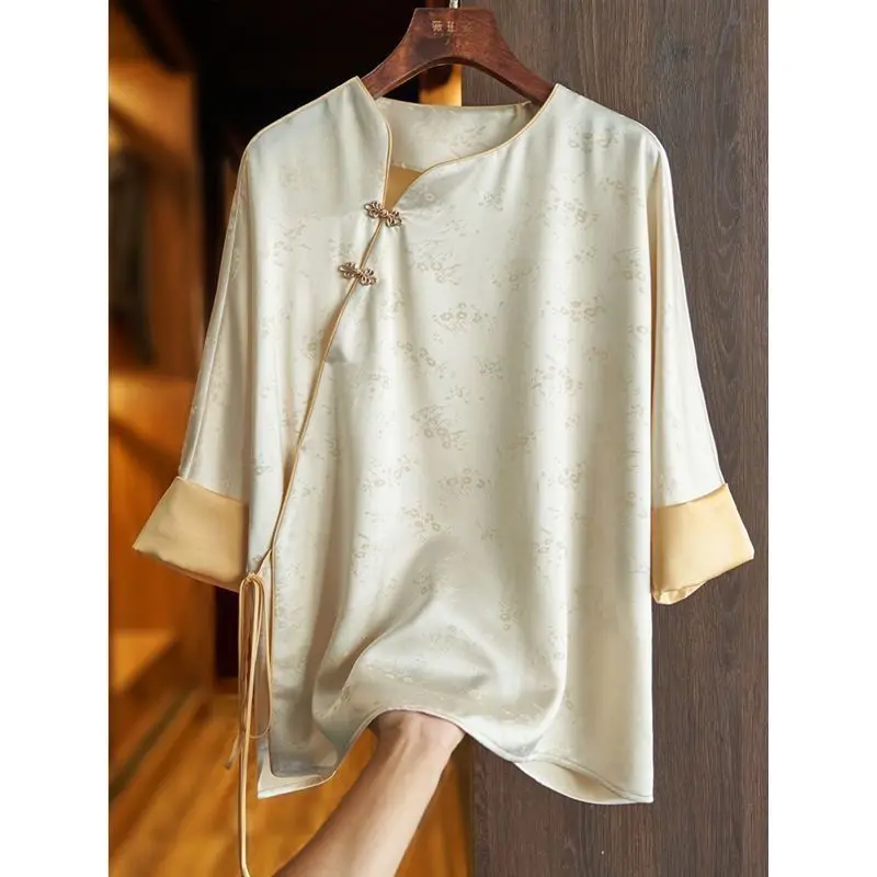 Chinese Style Women's Oversized Spring Autumn Skew Collar Button Printed Shirt Vintage Three Quarter Loose Bandage Pullover Tops