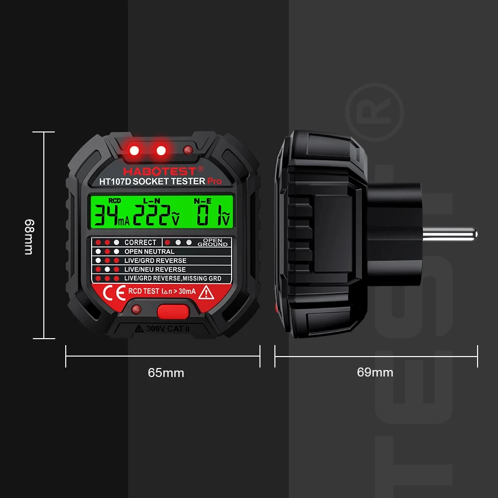 Description Picture 3 of itemHABOTEST HT107 Socket Tester EU UK US Plug Digital Outlet Socket Detector 5/30mA 250V Voltage Meters RCD Polarity Phase Check