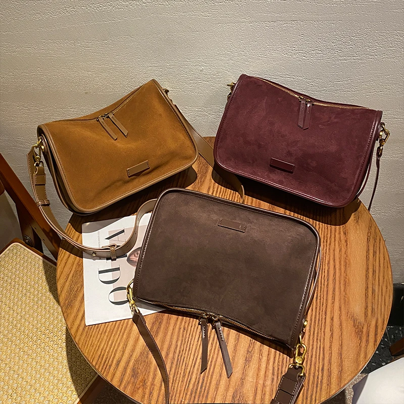 Retro Women Genuine Suede Cowhide Leather Crossbody Bag Large Capacity Soft Wearable Cow Shoulder Travel Bag With Double Zipper