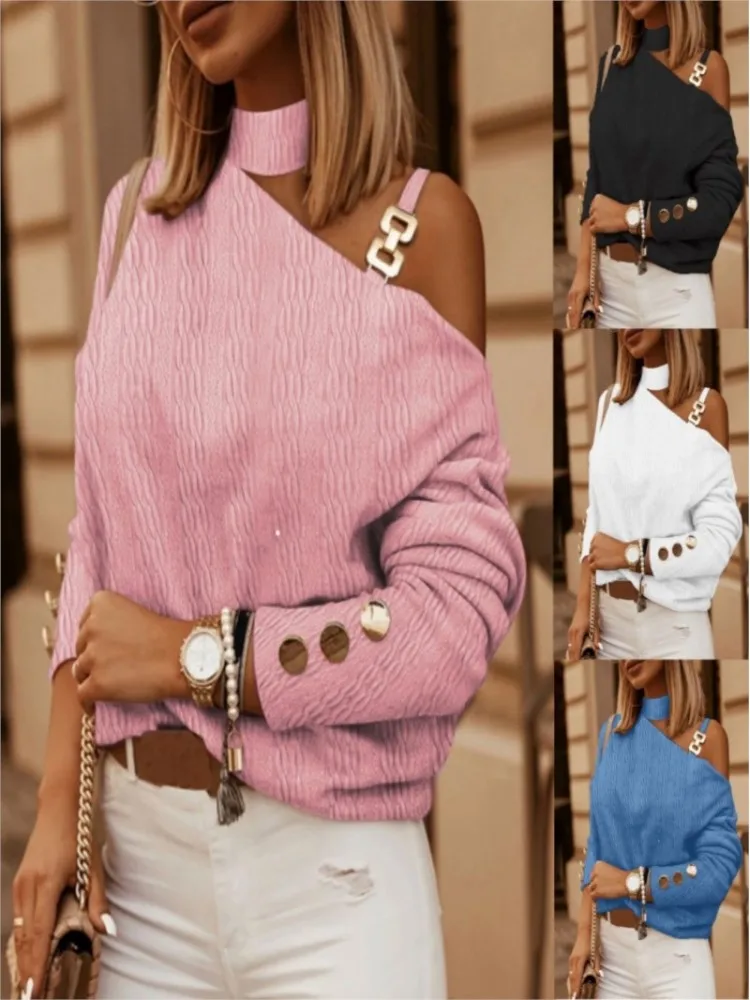 Sexy Off Shoulder Halter Neck Women Blouse Long Sleeve Casual Loose Tops Pink White 2023 Autumn Elegant Office Ladies Blouses