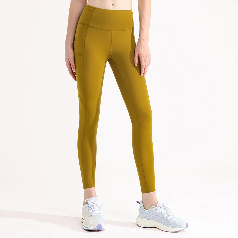 Solid Color High Waist Gym Yoga Legging Soft Fitness Compression Women Sports Pant Back Waist Side Pocket Comprehensive Training