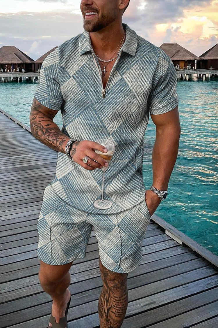 Spring and Summer Men's Suit Polyester Jacquard Craft  Casual  Fashion Design and Colour Polo Shirt   Zipper Two Piece Set