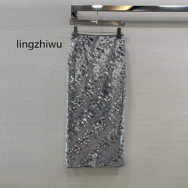 

lingzhiwu Sequins Bud Long Skirt 2024 Spring Autumn Female Elegant Skirts Elastic Waist Slit New Arrive