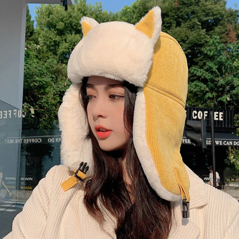 Winter Hat Fur Hat Knitted Earflap Hat Women Warm Earmuffs Thicken Wool Ear-flapped Hat Winter Cold-proof Warm Cotton Hat Cat Ears Cap Winter Unisex Russian Bonnet