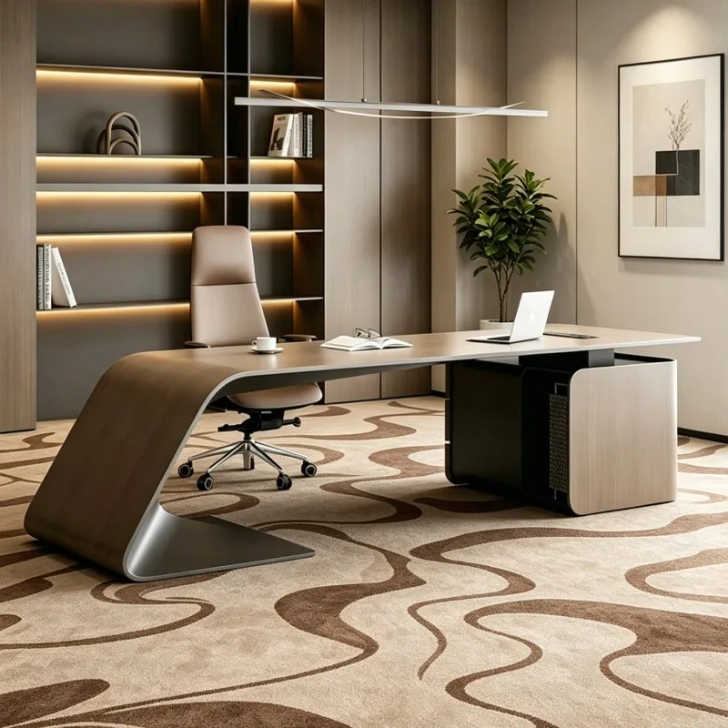 Scrivania da Ufficio Moderna di Lusso in Legno, Scrivania Direzionale con Spazio di Archiviazione, Design Decorativo, Arredamento Trendy