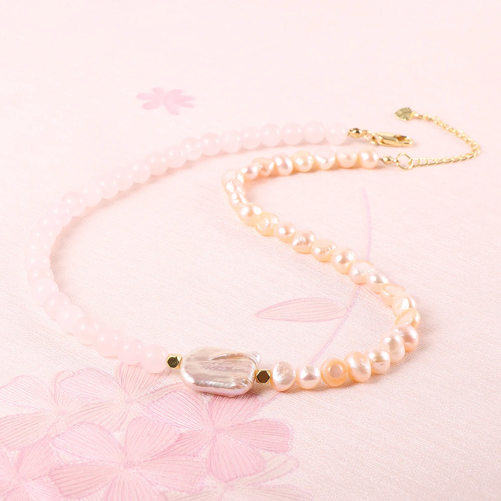 

Coquette Women Freshwater Pearl Necklace Baroque Pearls Charm Pink Crystal Choker Wedding Commemorative Aesthetic Jewelry