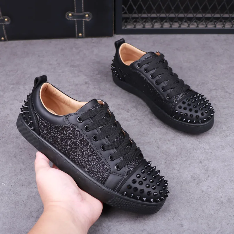 

mens fashion rivets shoes black pink genuine leather flat shoe brand designer sneakers punk rock dress breathable footwear mans