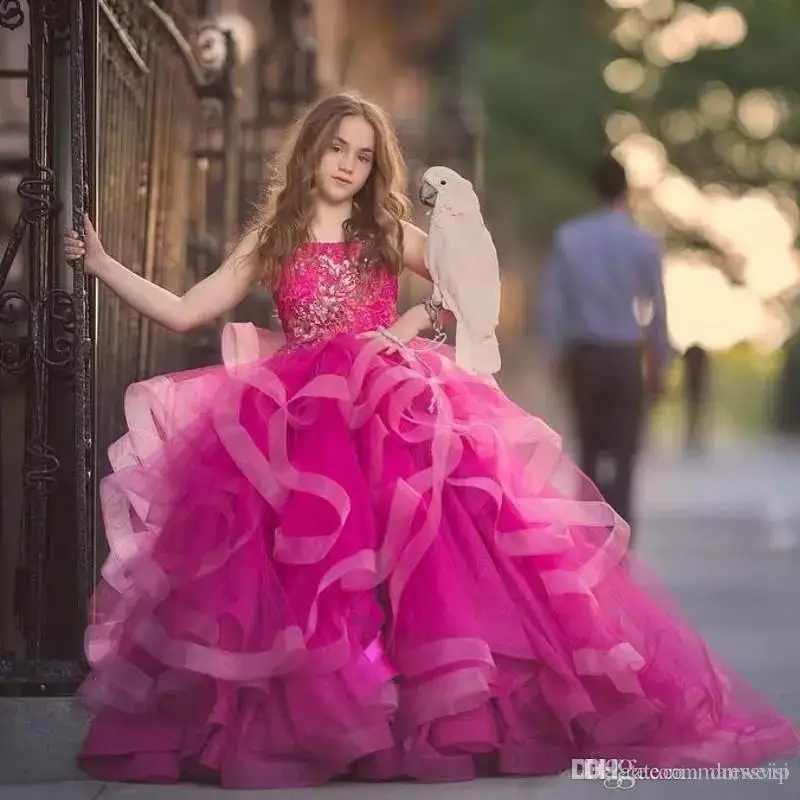 

Flower Girl Dresses Spaghetti Lace Ruffles Appliques A Line Ball Gown Sweep Train Girls Pageant Dress Custom Made Kids Formal