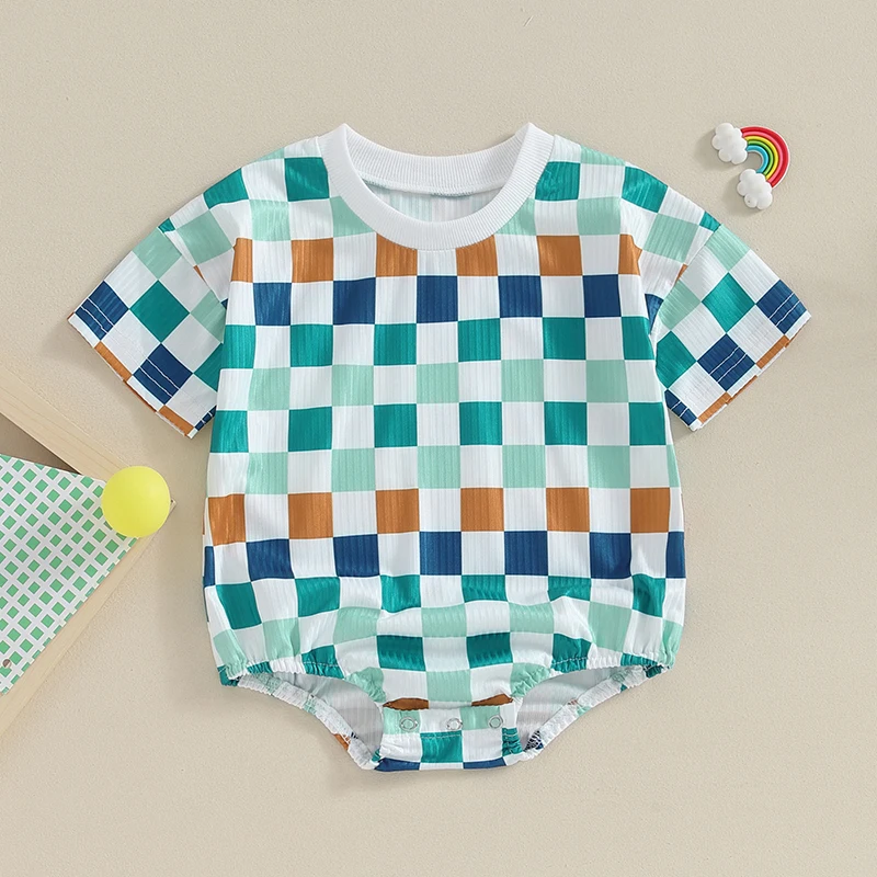 

Newborn Baby Girl Boy Clothes Short Sleeve Checkerboard Romper Oneise Crewneck Bodysuit Cute Unisex Summer Outfit