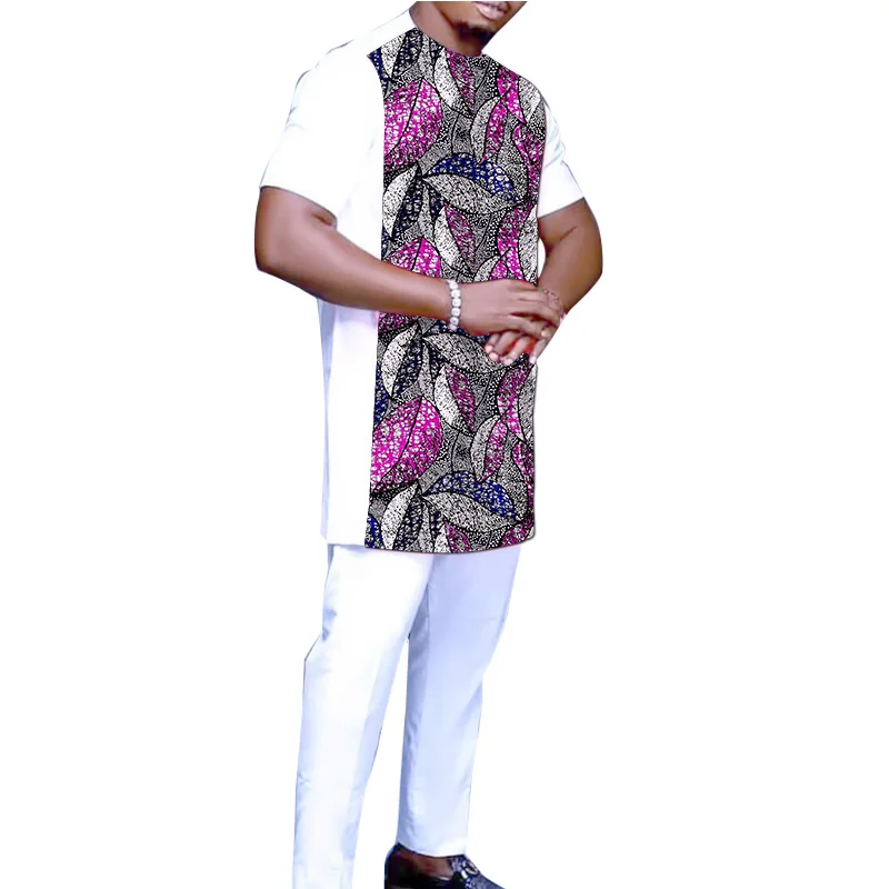 White Groom Suit Patchwork Tops With Pants Male Ankara Fashion Tailored Short Sleeves African Men's Sets