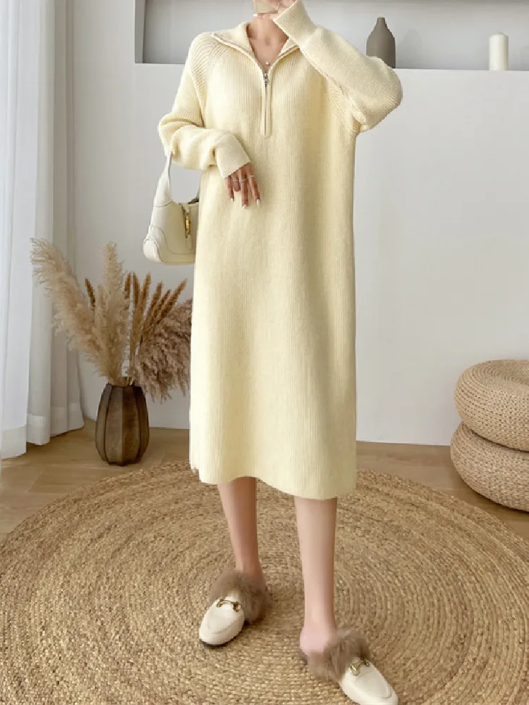 

Женское трикотажное платье-свитер, элегантное однотонное теплое трикотажное платье-свитер в Корейском стиле, винтажная одежда для осени, 2022
