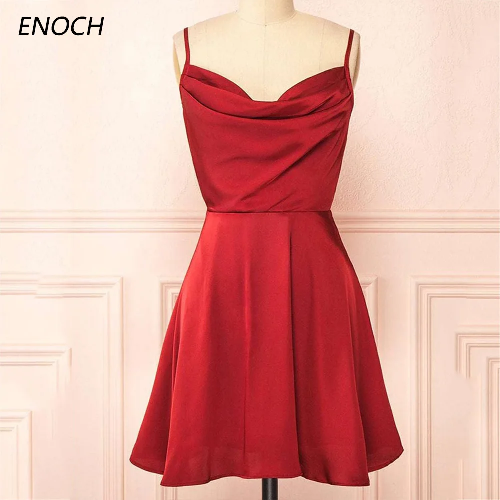 

ENOCH Simple A-Line Cowl Neck Sleeveless Short Mini Charmeuse Homecoming Dresses with Pleated Above Knee Vestidos De Festa New