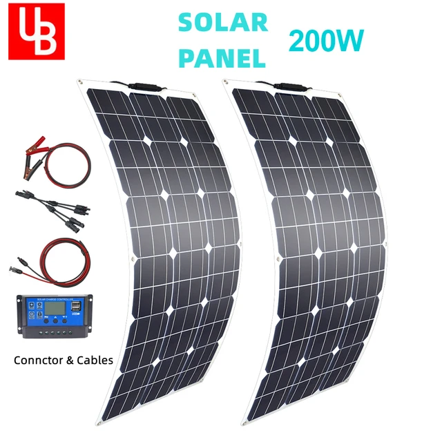 Panneau Solaire Flexible 100W 200W avec Câble Régulateur Solaire 10A/20A  pour Chargeur De Batterie 12V pour Camping-Car Bateau Tente Voiture  Remorque 2 Pièces 100W (Système Solaire 200W) : : Commerce,  Industrie et