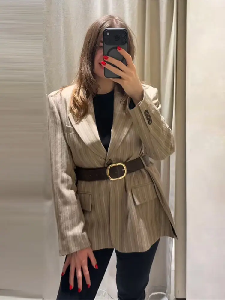 Gestreifte Schnür-Anzugjacke für Damen, elegante Reversjacke mit langen Ärmeln, einreihig, schmal geschnitten, Frühlingsmode, Büro-Outwear – Detail 9