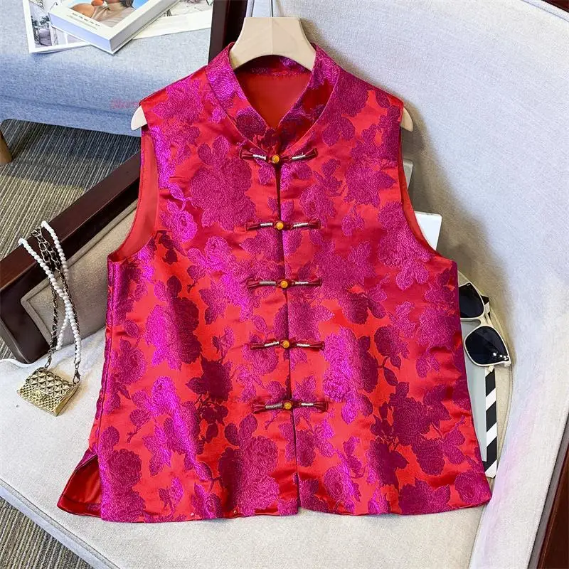

2023 traditional chinese women vest satin jacquard vest chinese sleeveless jacket vintage hanfu top oriental tang suit waistcoat