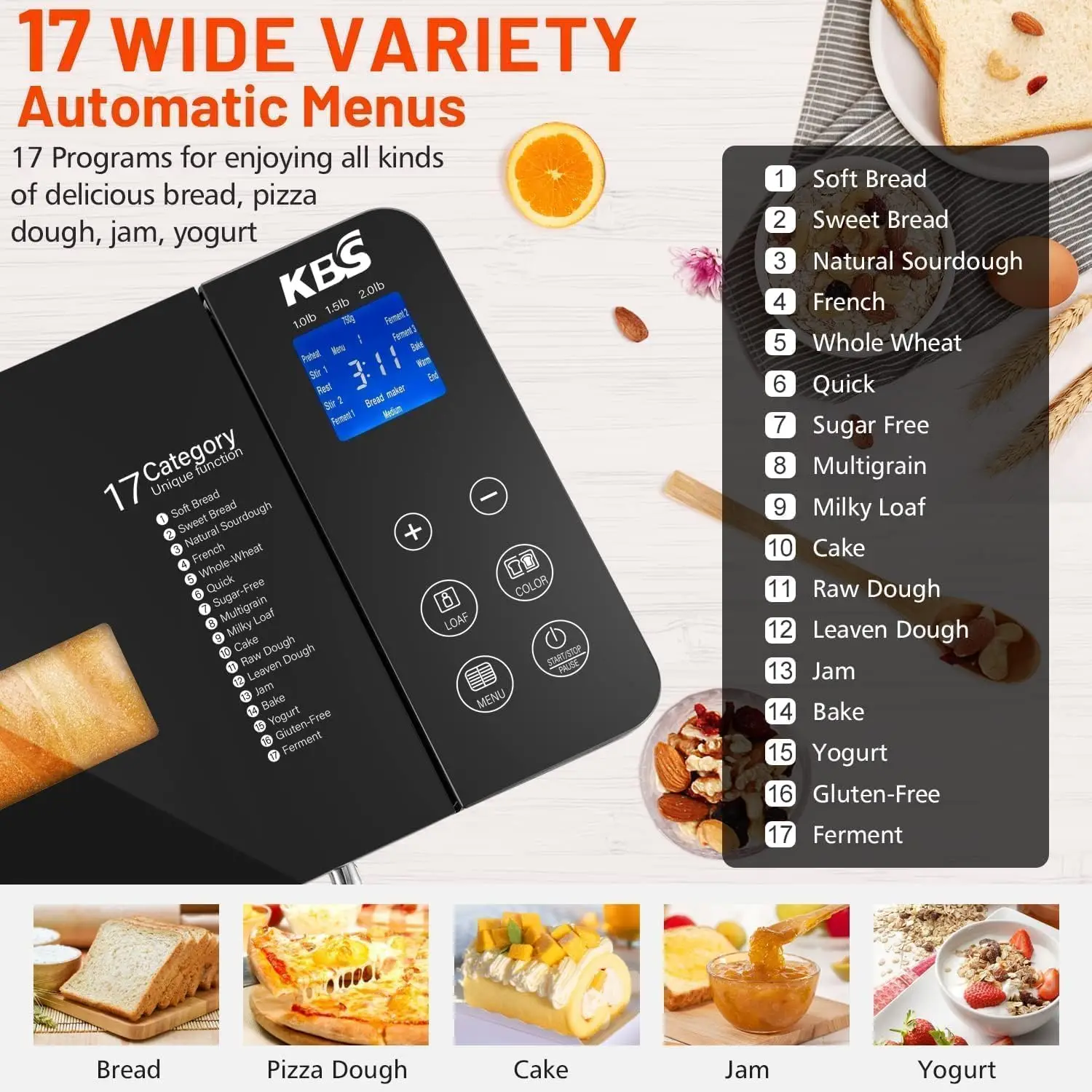 17-in-1 Bread Maker-Dual Heaters, 710W Machine Stainless Steel with Gluten-Free, Dough Maker,Jam,Yogurt PROG, Auto Nut Dispe 2