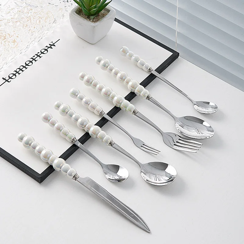 Juego de cubiertos de acero inoxidable con mango de perla de cerámica, tenedor, cuchara, vajilla completa, cucharas de cena, tenedores de cocina