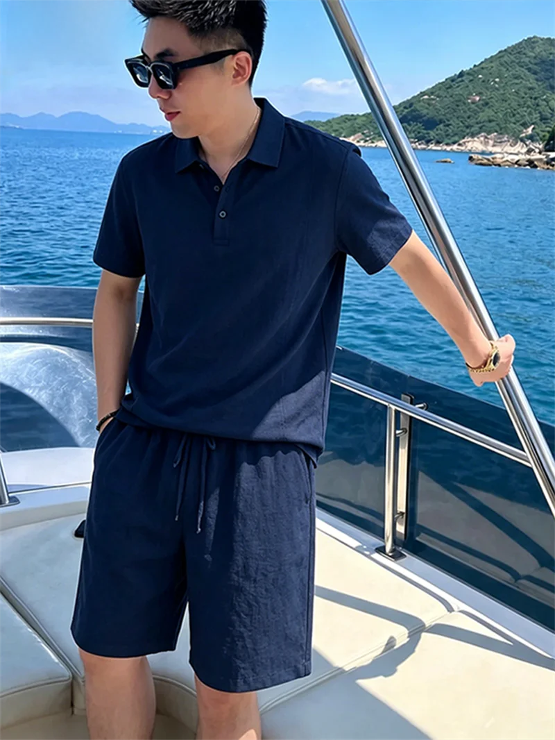 고급 라이오셀 린넨 캐주얼 스포츠 세트 남성용 신상 2026 여름 얇은 반팔 폴로셔츠 반바지 세트