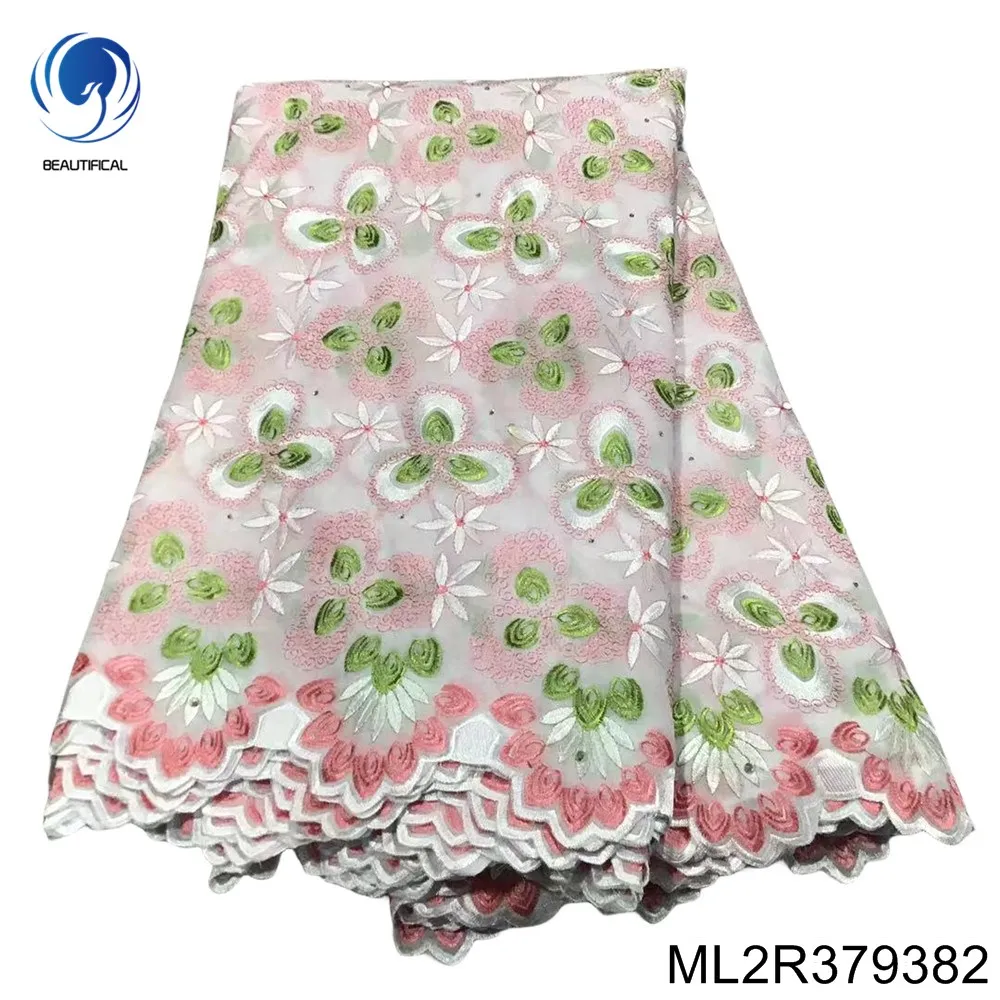 

New Elegant Simple Little Fresh Embroidery Style with Rhinestone Nigerian Swiss Voile Cotton Lace Fabric for Dress ML2R379