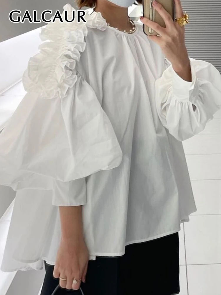 

GALCAUR Minimalist Spring Shirts For Women Round Neck Puff Sleeve Patchwork Folds Pullover Sweet Loose Blouse Female 2023 New