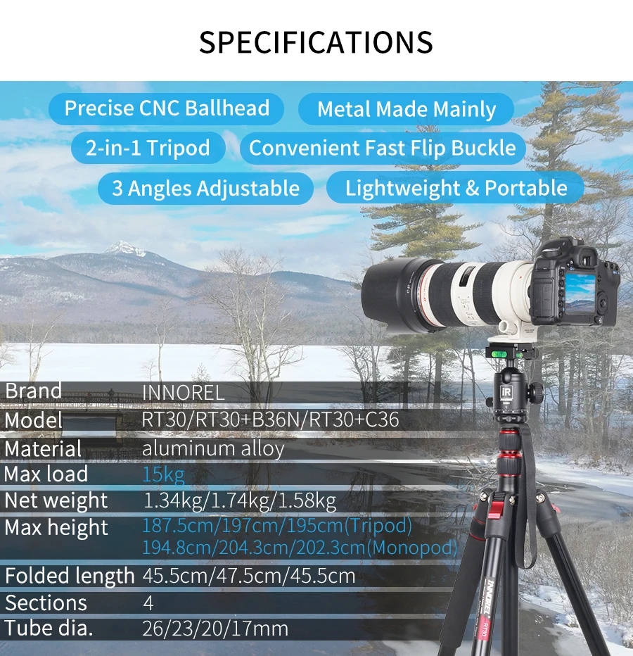RT30 Tripod  Fast Flip Buckle Height 197cm/77.6in Monopod Aluminium Alloy Profes