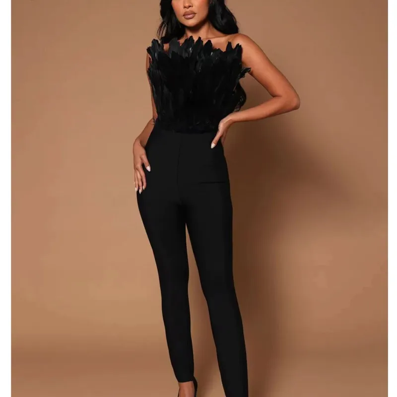 

2023 Black Sexy Feather Strapless Off The Shoulder Sleeveless Women Elegant Solid Bodycon Bandage Fashion Lady Party Jumpsuit