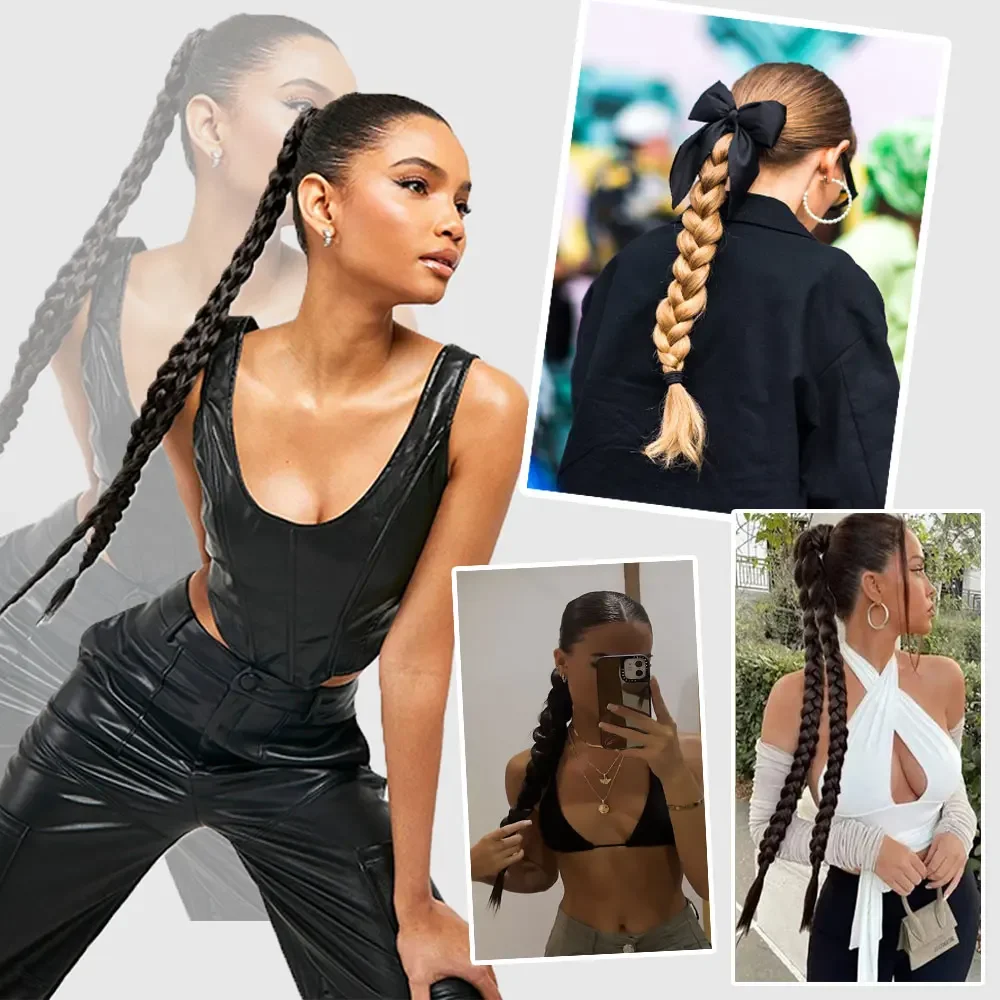 Synthetic Long Twisted Braids Ponytail Extensions With Hair Rope Bands 24 Inch Braided Hair Extensions Black Brown For Women
