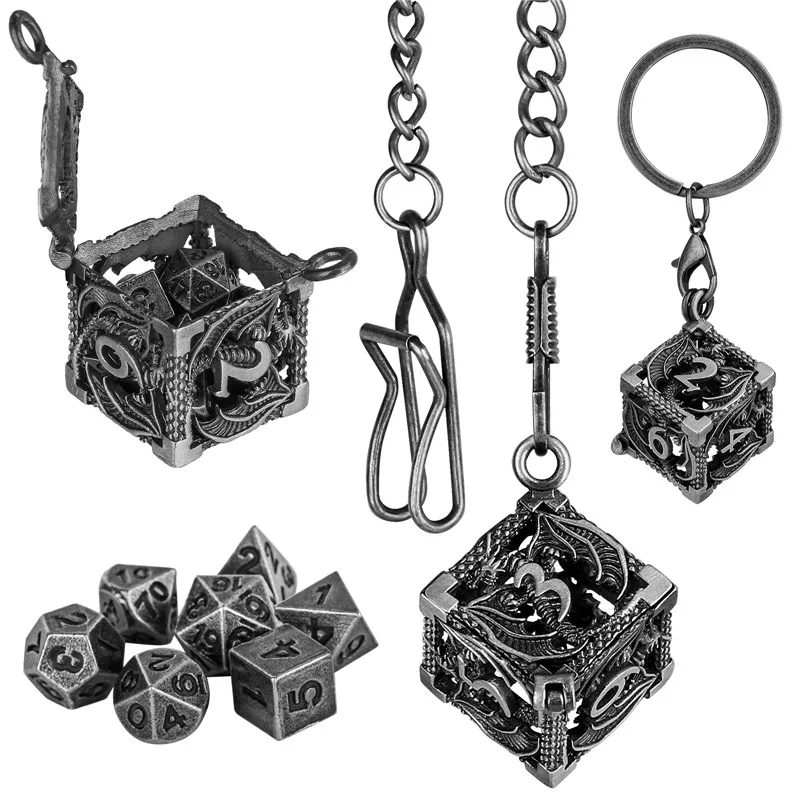 7pcs Metal Polyhedral Dice Set with Small Portable Keychain Hollow D6 Metal Case Table Role Play Gaming Accessory Gift metal dice set