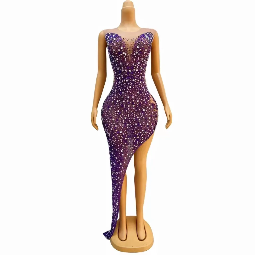 

Purple Pearls Rhinestones Transparent SplitDress Evening Birthday Celebrate SleevelessParty Dance Performance Photoshoot Dress