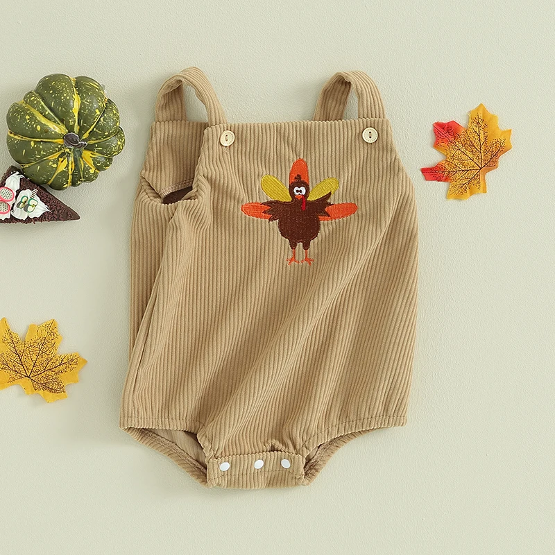 Baby Boys Girls Casual Romper Thanksgiving Outfits Infant Turkey/Cake Print Sleeveless Button Jumpsuits Corduroy Clothes