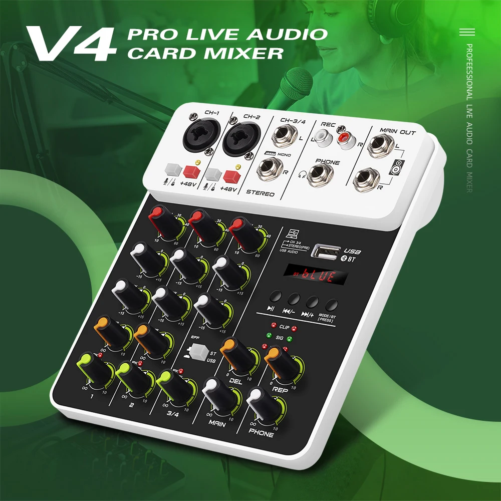 

IKGE V4 4-Channel Audio Mixer DJ Controller Mix Bluetooth Phantom Power Delayed Replay Effect for Mixing Consoles PC Recording