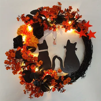 Black Cat Wreath Halloween Decor for Home, Spooky Halloween Decorations Crescent Wreath for Front Door Window Home Holiday Party 2