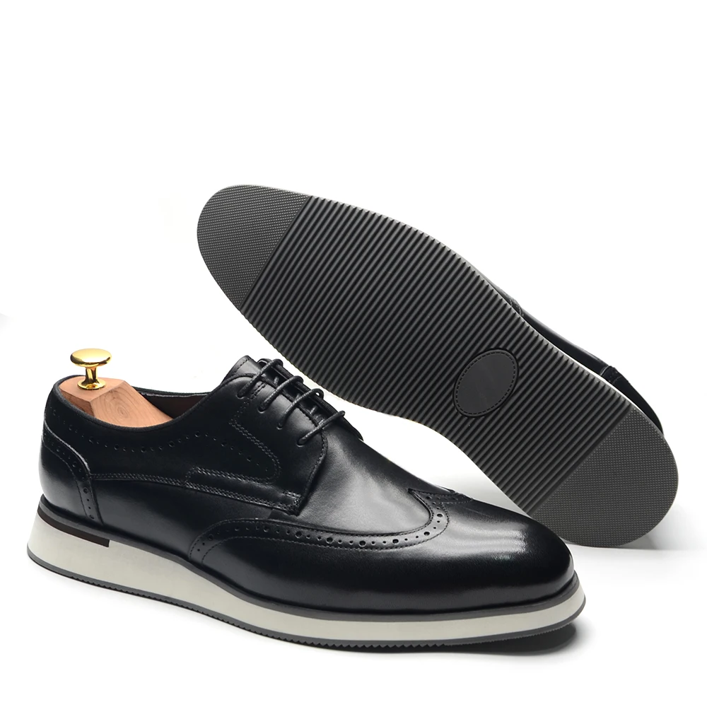 Natural Cowhide Genuine Leather Men's Casual Derby Dress Shoes Brogue Wingtip Flat Shoes Spring Autumn Elegant Sneakers for Men