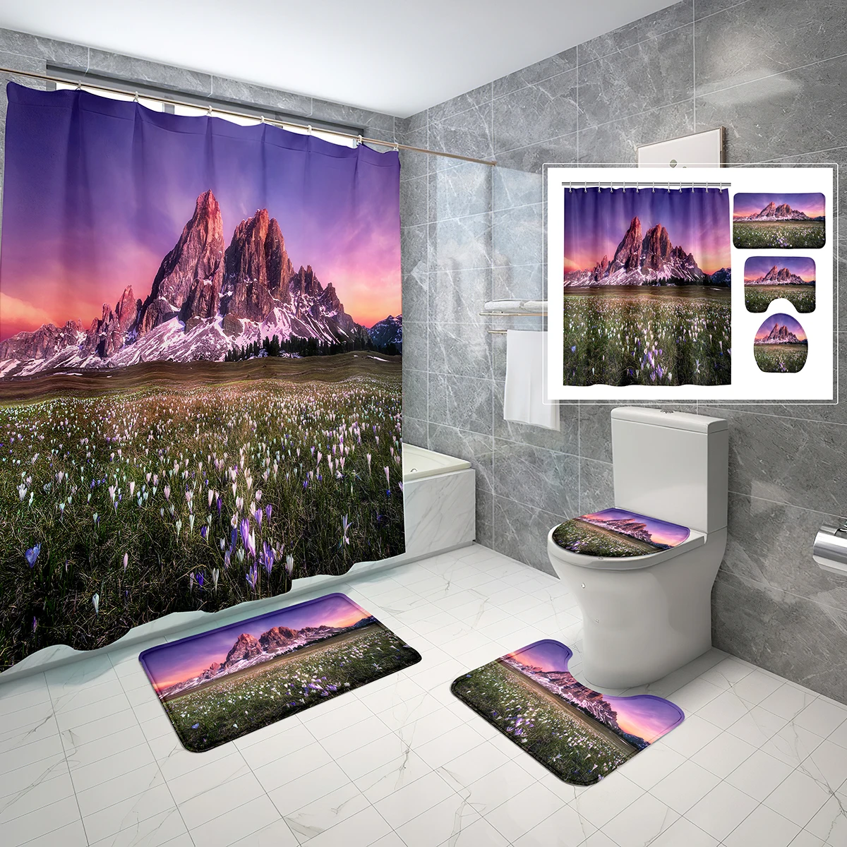

4 Pcs Landscape Shower Curtain Sets with Non-Slip Rugs Mat Toilet Lid Mountain Cliff Grass Flower Waterproof Shower Curtain Set