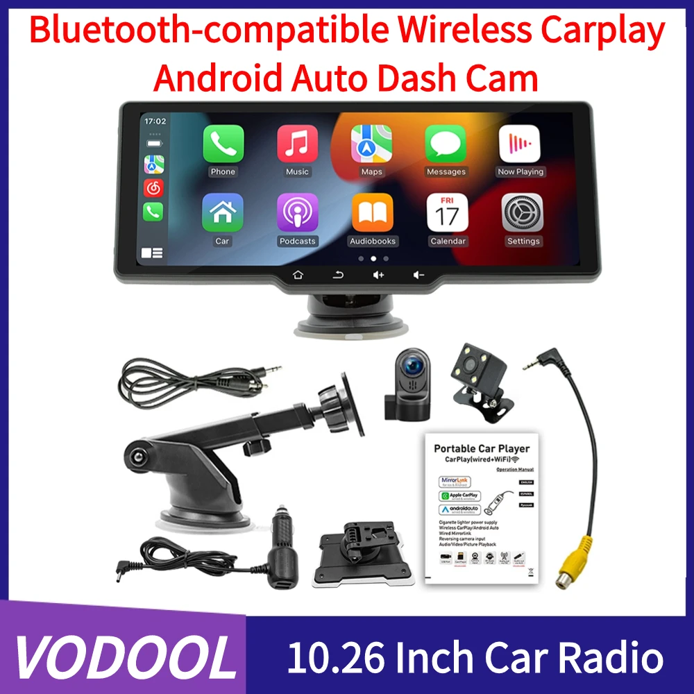 

10.26 Inch Portable Car Stereo Mirrorlink Wireless Carplay Android Auto HD Touchscreen Bluetooth-compatible IPS Display Dash Cam