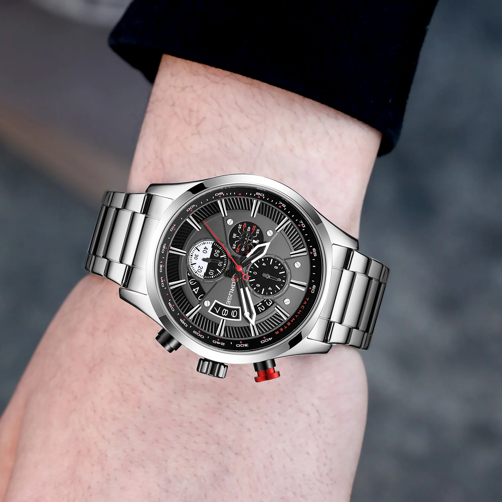 BORUSE  Luxury Mens Silver Stainless Steel Wristwatches Waterproof Quartz Watch for Men Date Clock With Box Relogio Masculino