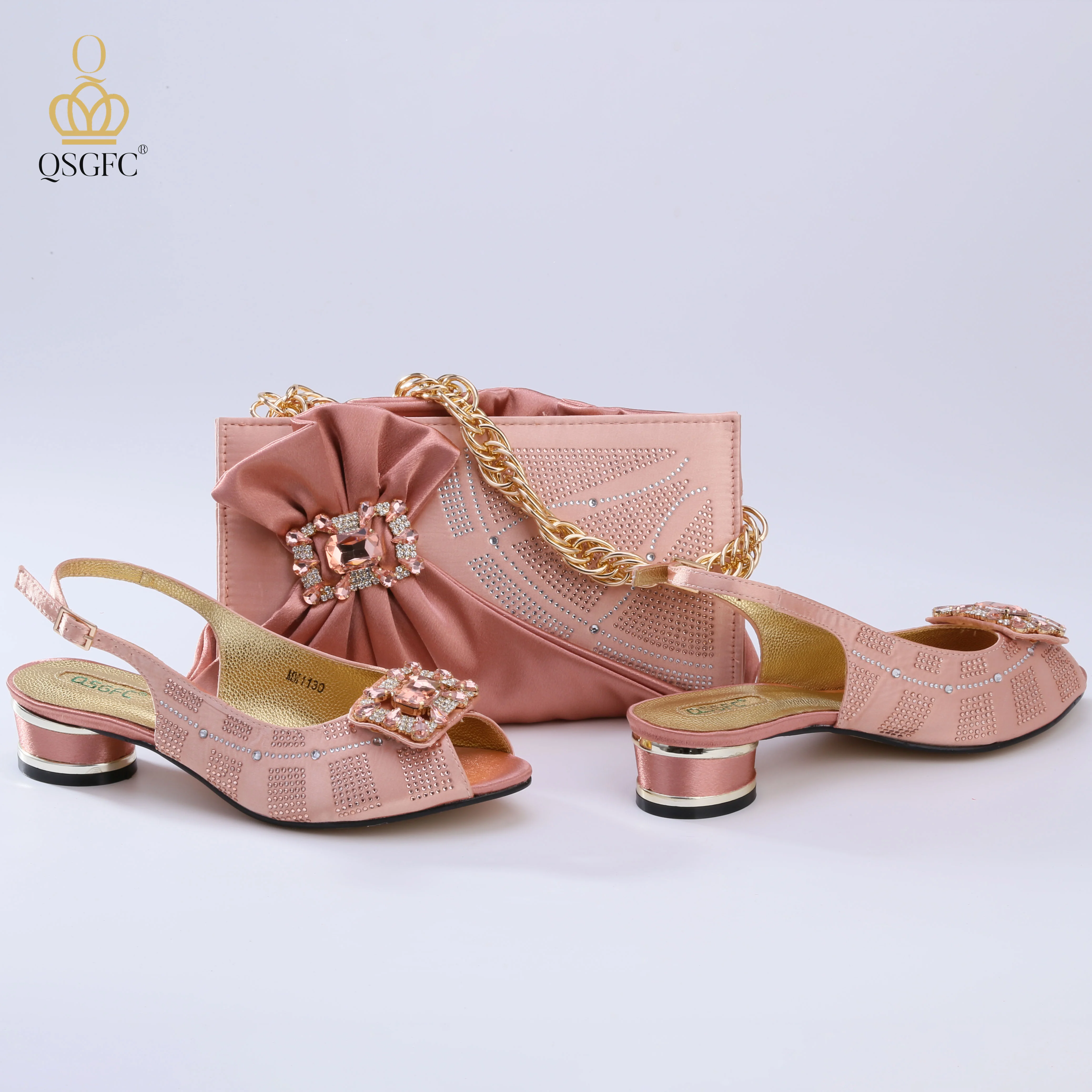 

QSGFC Nigerian Hot Selling Peach Color Elegant Party Wedding Ladies Shoes And Bag Set Decorated With Rhinestone