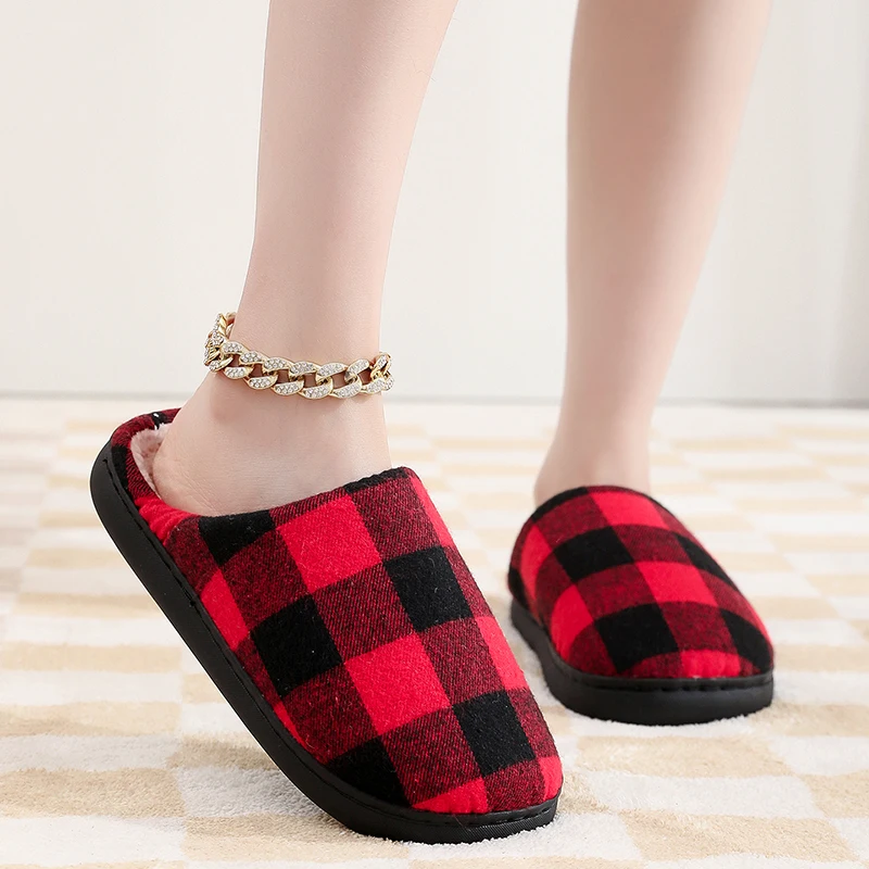 Classic Women Black Red Plaid Cotton Slippers Non-slip Winter Checkered Retro Christmas Gift Indoor Slides Home Cotton Shoes 5