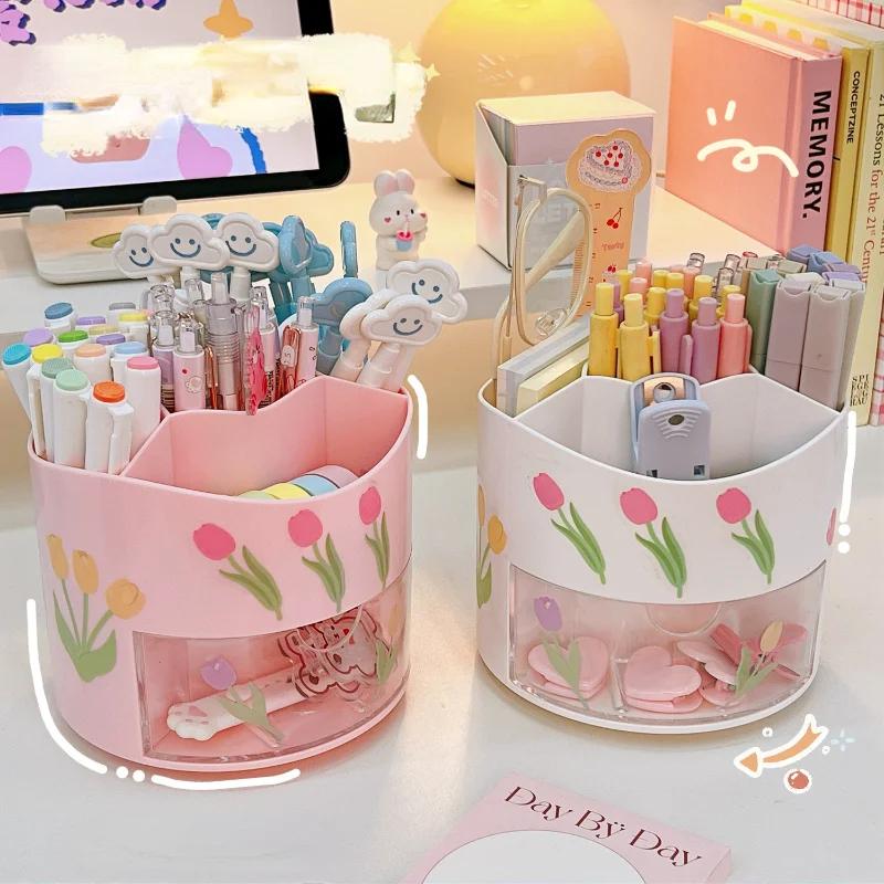 Kawaii Rotating Pen Holder Desk Organizer Large capacity Storage Box